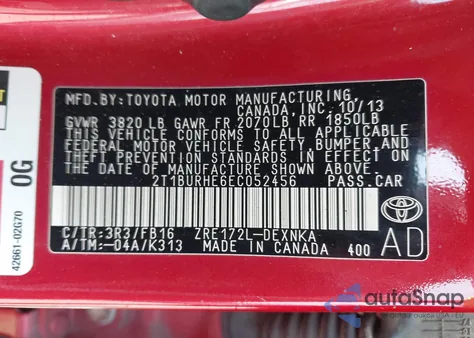 2014 Toyota Corolla Le z USA, uszkodzony, nr VIN 2T1BURHE6EC052456